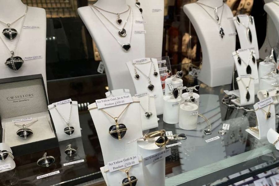 Whitby jet jewellery display.
